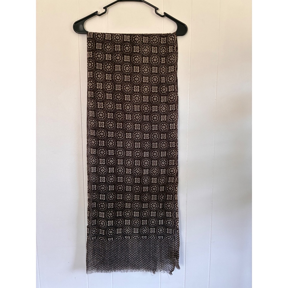 Krish Brown 100% Wool Geometric Medallion Print Scarf Eyelash Fringe 72x26